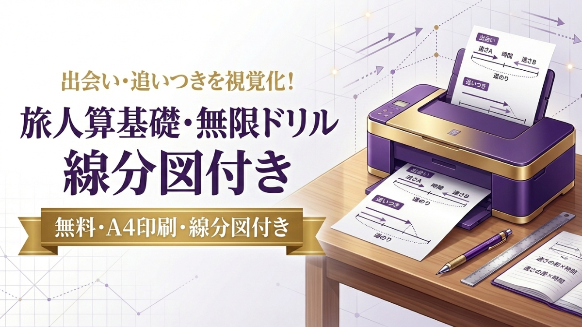 【無料/印刷】旅人算基礎・無限ドリル（出会い・追いつき線分図付き）