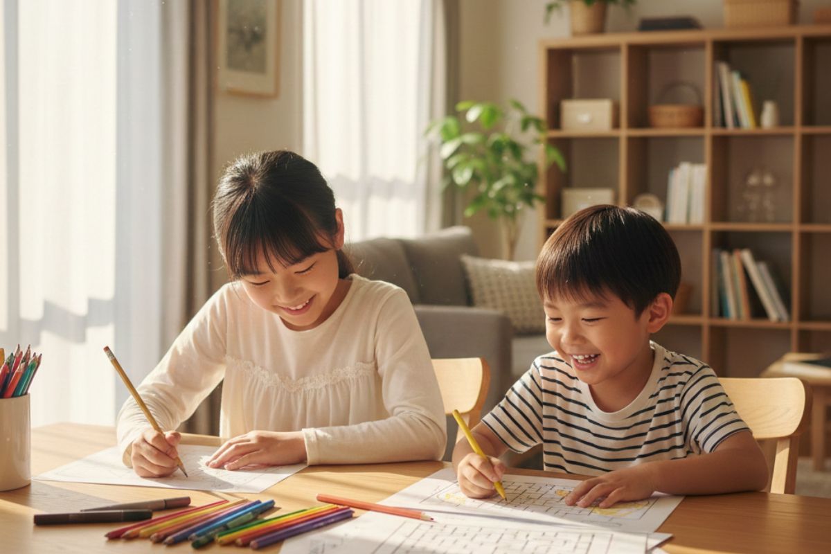 Study Portのプリント教材を使ってリビングで楽しそうに学習する兄弟の様子