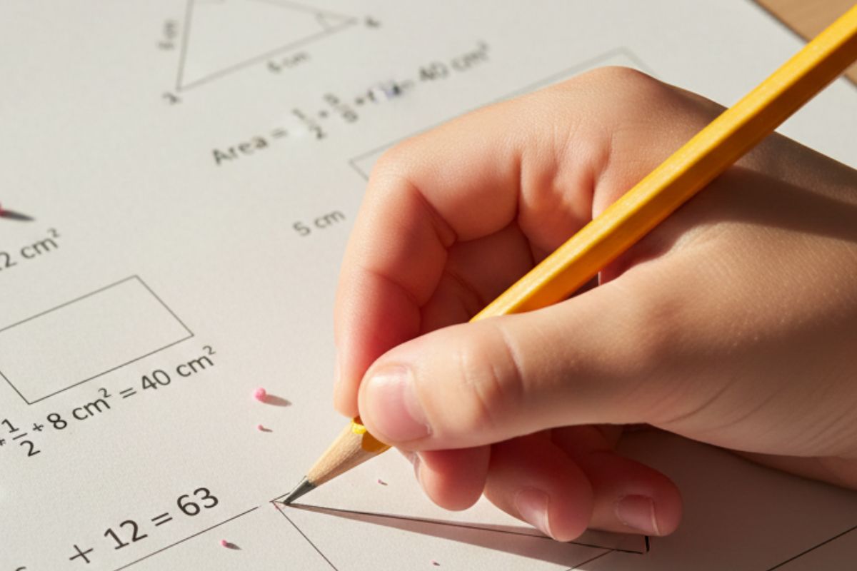 小学生が鉛筆を使って紙のプリントで算数の図形問題や計算式を解いている手元の様子
