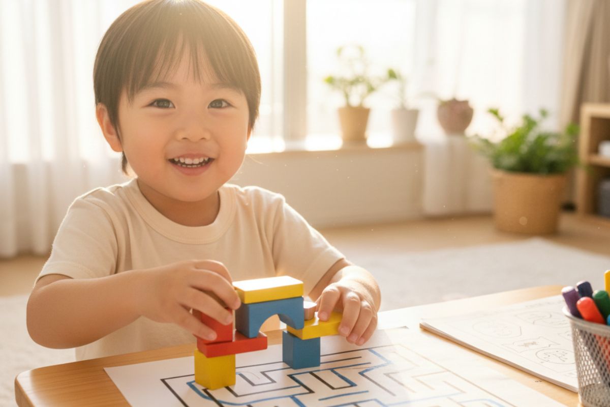 笑顔で積み木や迷路のプリントに取り組み、遊びの延長で楽しく学習する幼児の様子
