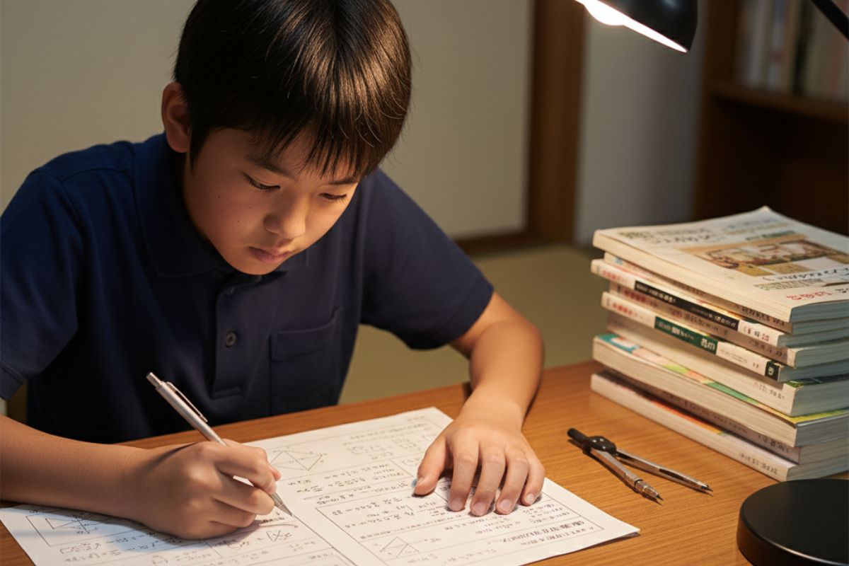 真剣な表情で受験算数の図形問題や特殊算のプリントを解く小学校高学年の様子