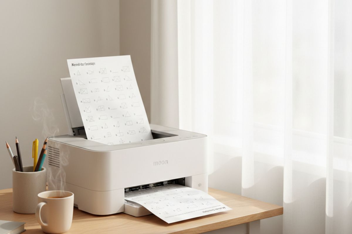 リビングのデスクに置かれた家庭用プリンターからA4サイズの学習プリントが出力されている様子