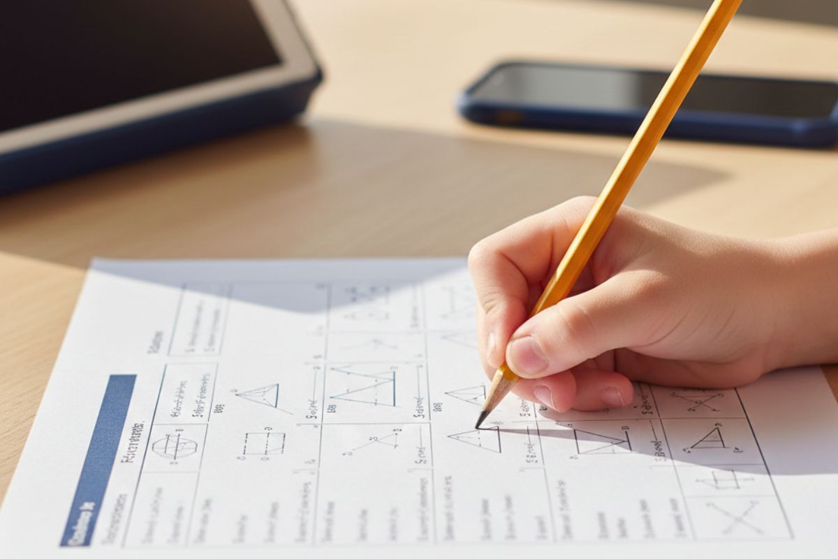 学習プリントに鉛筆で書き込む子供の手元。背景には使われていないタブレット端末があり、アナログ学習の集中力を表現している。