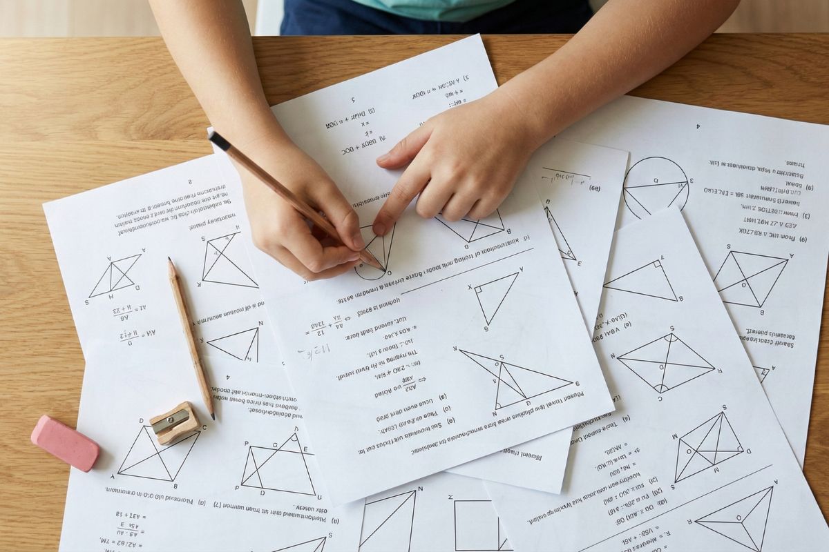机の上に複数の算数プリントを広げて俯瞰（ふかん）している様子。子供が指差し確認を行い、情報の繋がりを整理している。