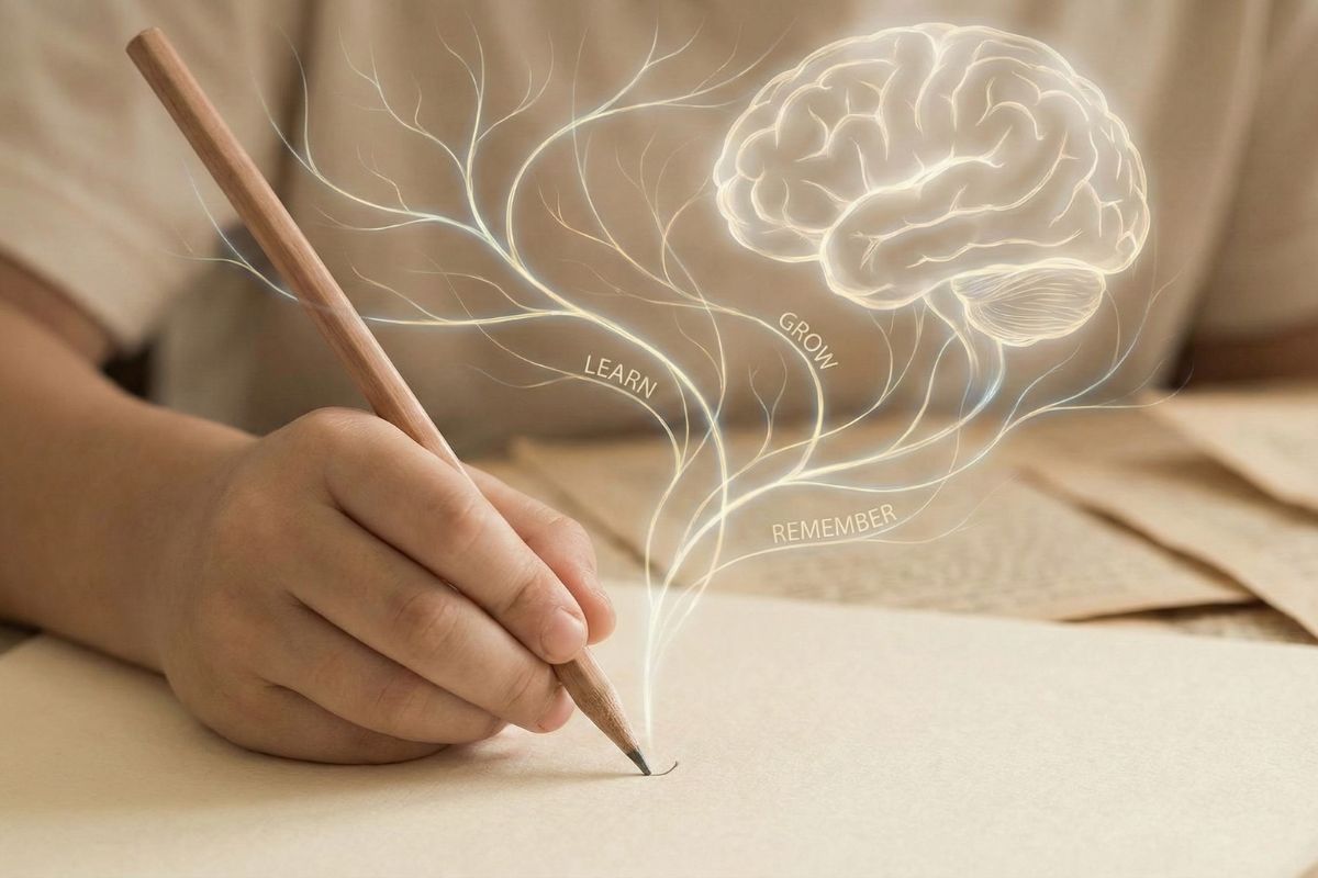 鉛筆で文字を書く指先から脳へと神経が繋がっているイメージ図。手書きの触覚が脳を刺激し記憶定着を促すことを表している。