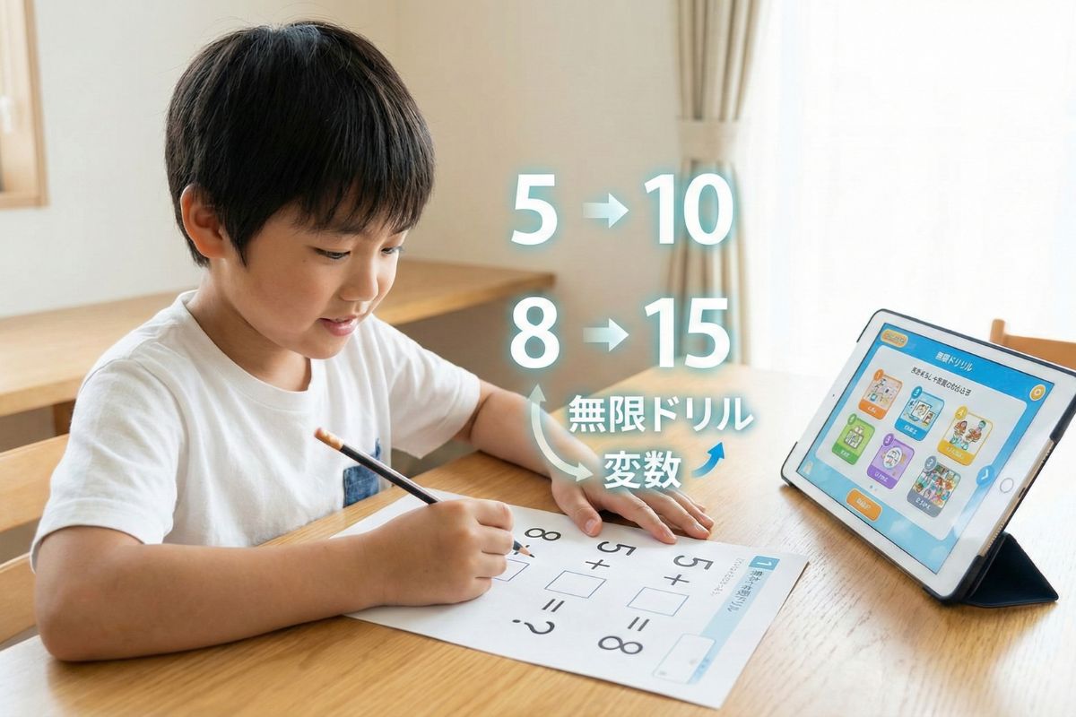 学習プリントで算数の問題を解く子供の姿。空中に「5→8」「10→15」のように変化する数字が浮かび、数値替え反復ドリルによる学習を表現している。