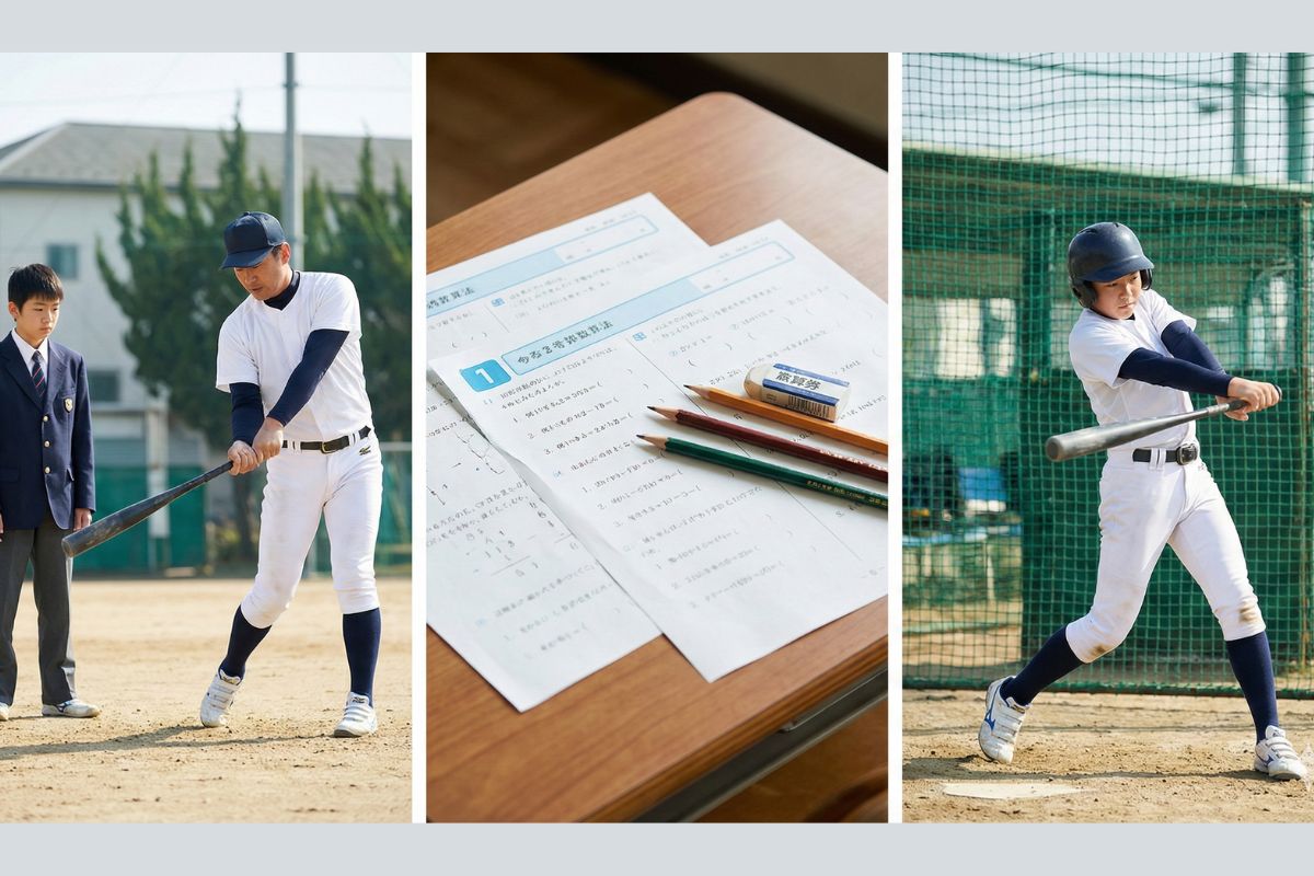 野球の素振りと算数の反復練習を対比させたイメージ図。左側はコーチに教わる「インプット（理解）」、右側は一人で繰り返す「アウトプット（定着）」の違いを表現している。