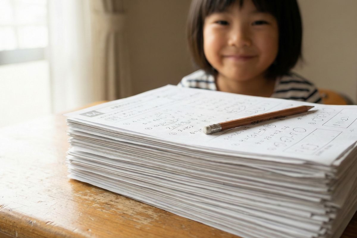 机の上に高く積み上げられた完了済みの算数プリントの山。背景には自信に満ちた笑顔の子供が写っており、圧倒的な演習量が学力と自信を作ることを象徴している。