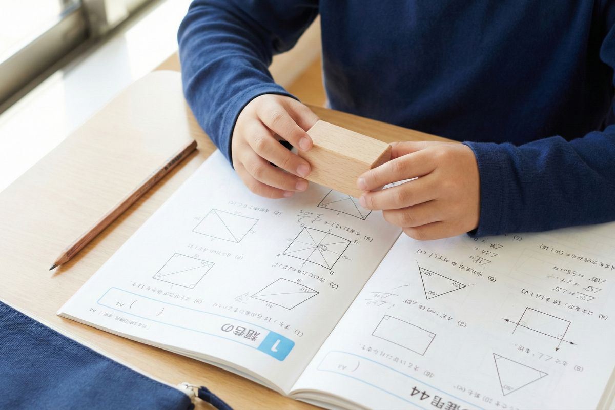 算数の図形プリントの上で木の積み木を持つ子供の手元。物理的な体験と紙の学習の融合を象徴するアイキャッチ画像。