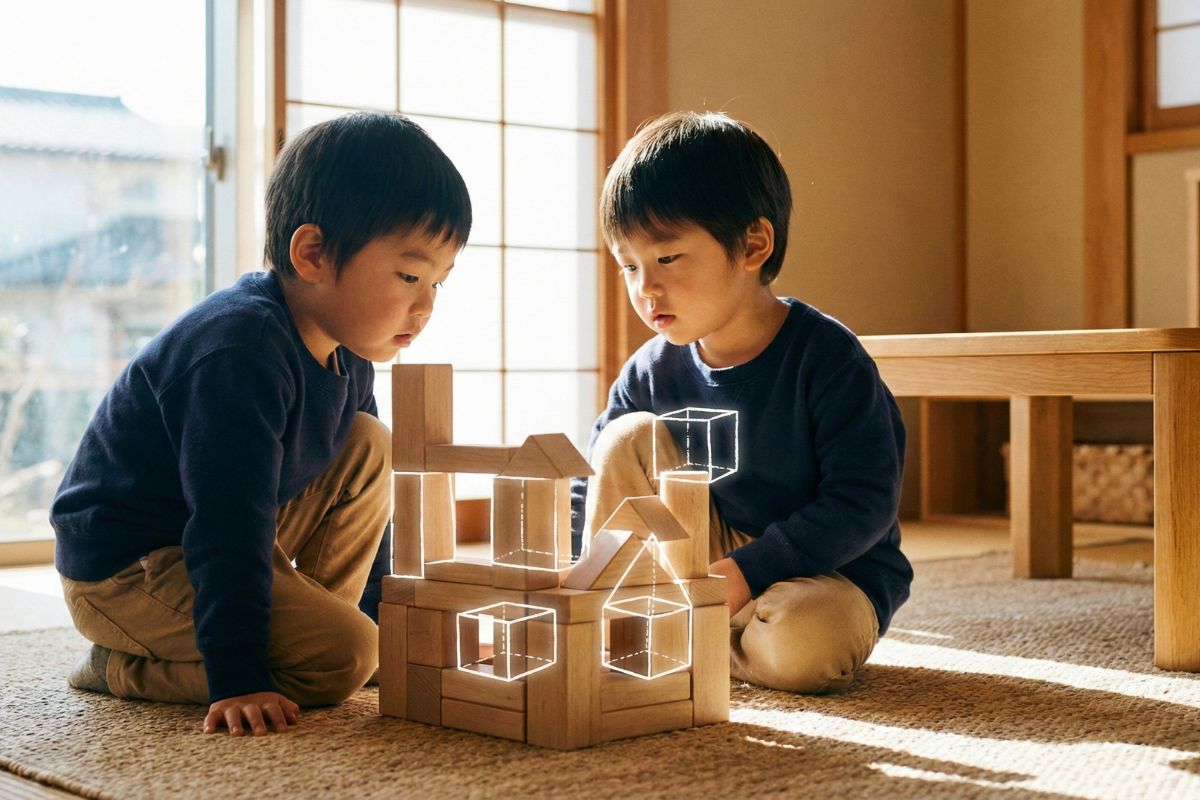 積み木で遊ぶ日本人の子供。物理的な積み木の上に、頭の中でイメージしている透視図の線が重なって見える様子を表現したイメージ画像。