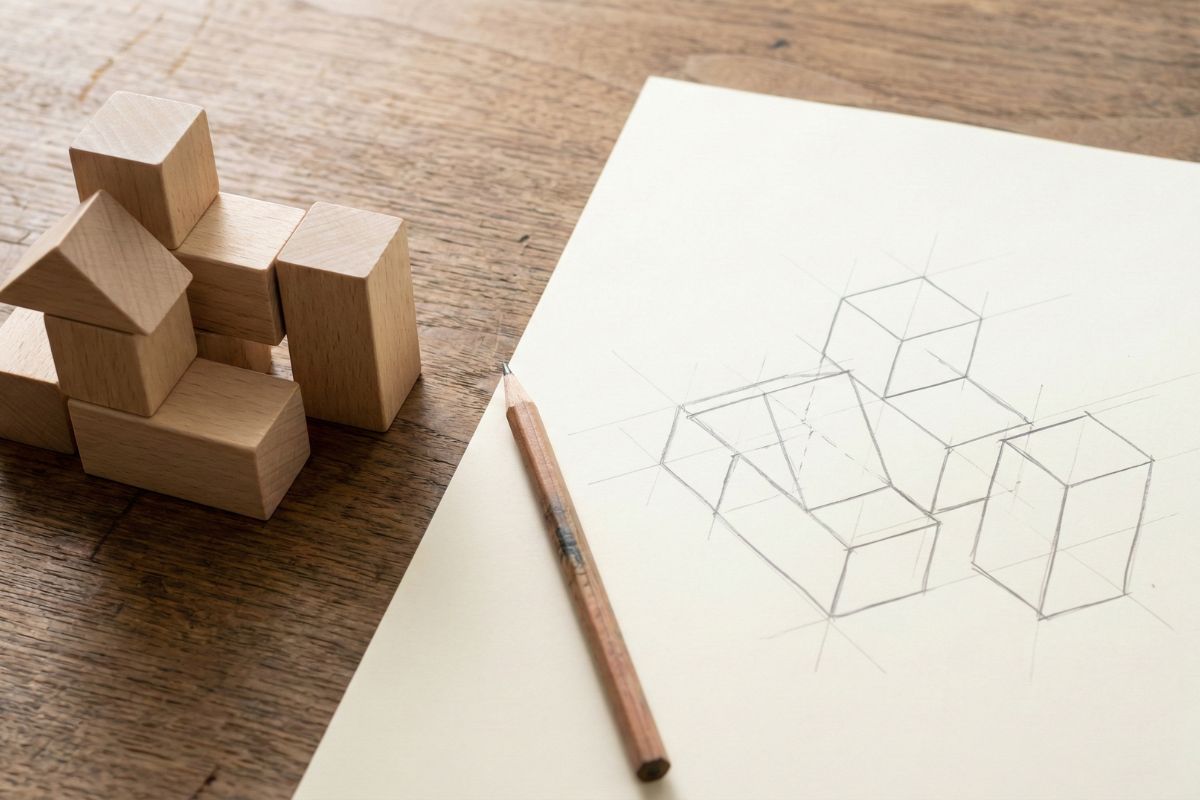 机の上に置かれた実物の木の積み木と、同じ形が描かれた算数プリントを並べて俯瞰している様子。具体と抽象の対比。