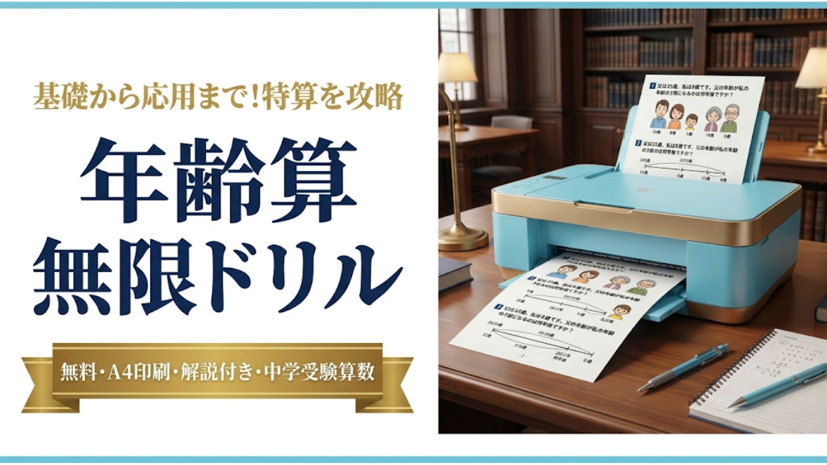 中学受験に頻出の年齢算のドリルを何回でもプリントアウトする様子のイメージ
